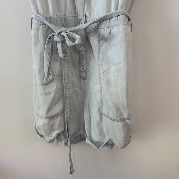 Bella Dahl Light Blue Chambray Short Sleeve Rolled Hem Tie Waist Utility Romper - Picture 5 of 9